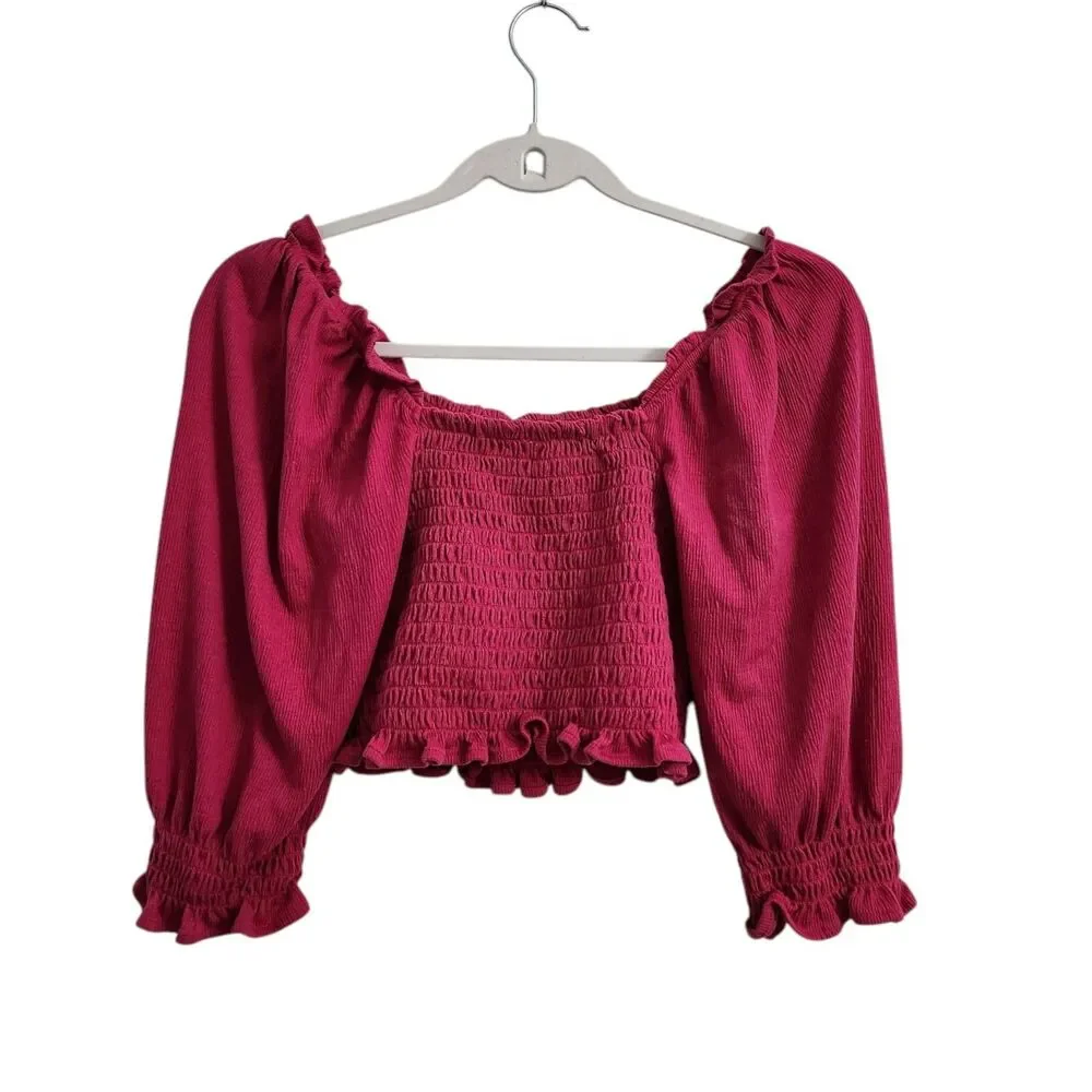 Free People Brenyce Blouse XS Pink Smocked Crop Top Boho Ruffled Jungle‎ Flower